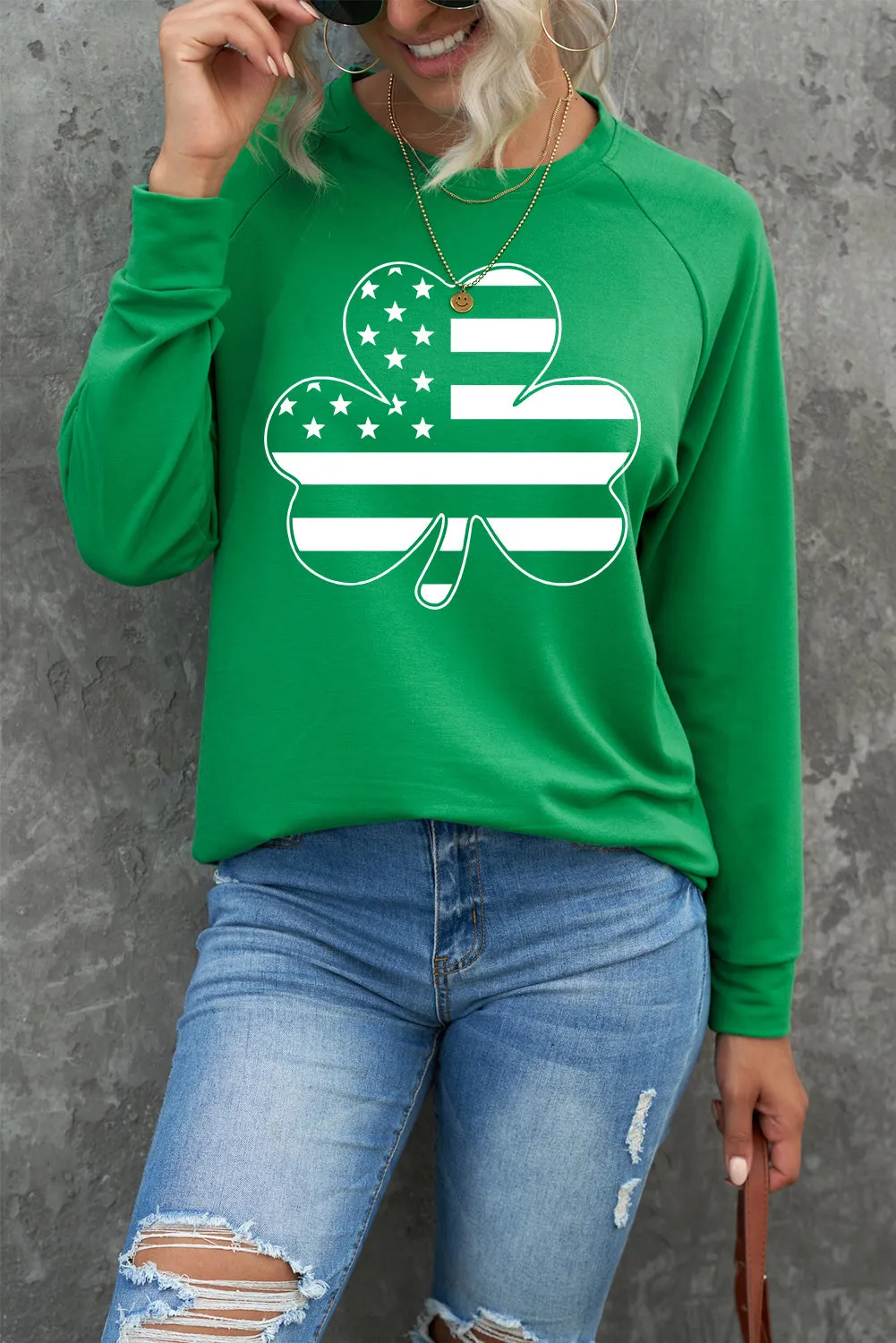 Green Raglan Sleeve Stripes Stars Clover Graphic Sweatshirt