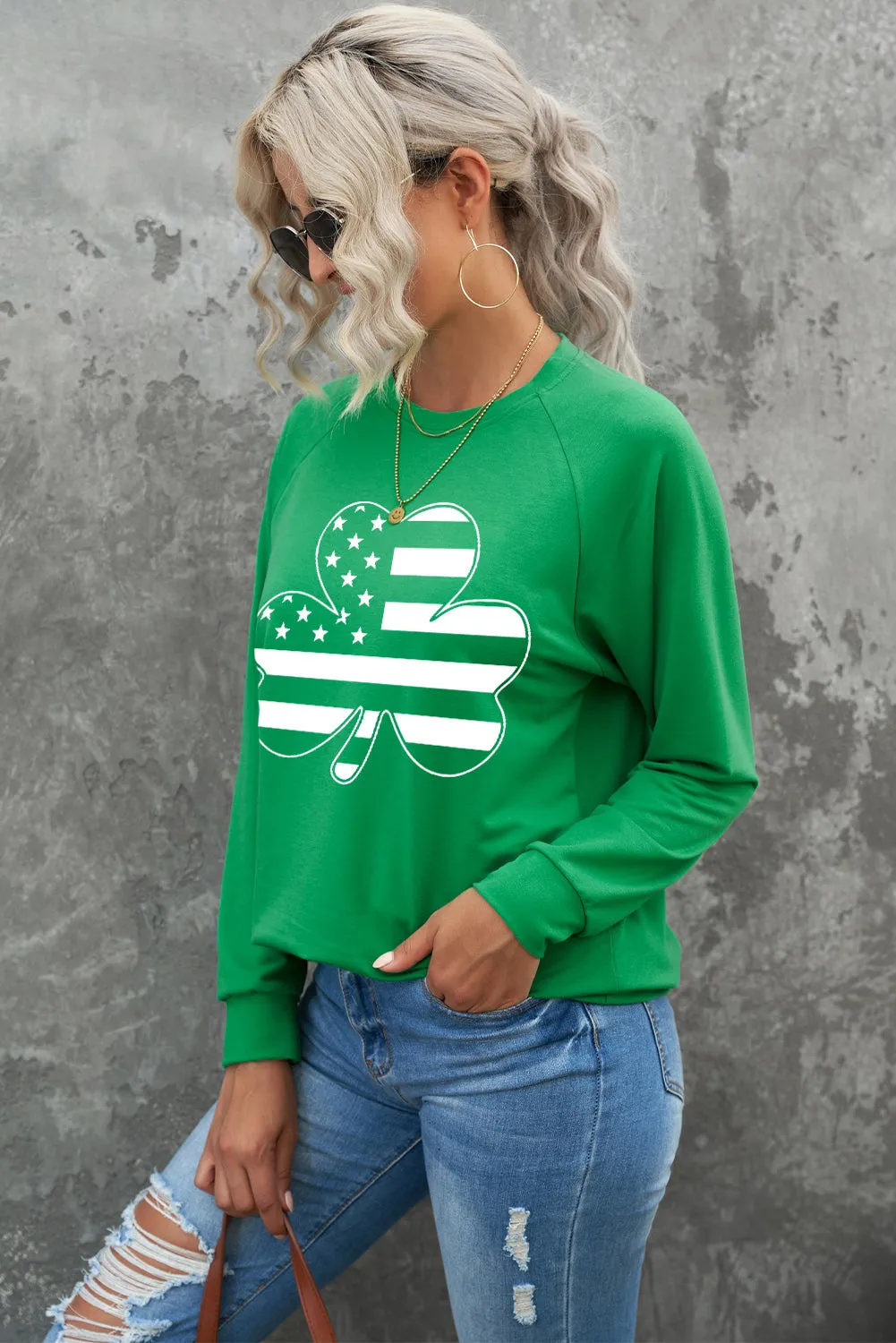 Green Raglan Sleeve Stripes Stars Clover Graphic Sweatshirt
