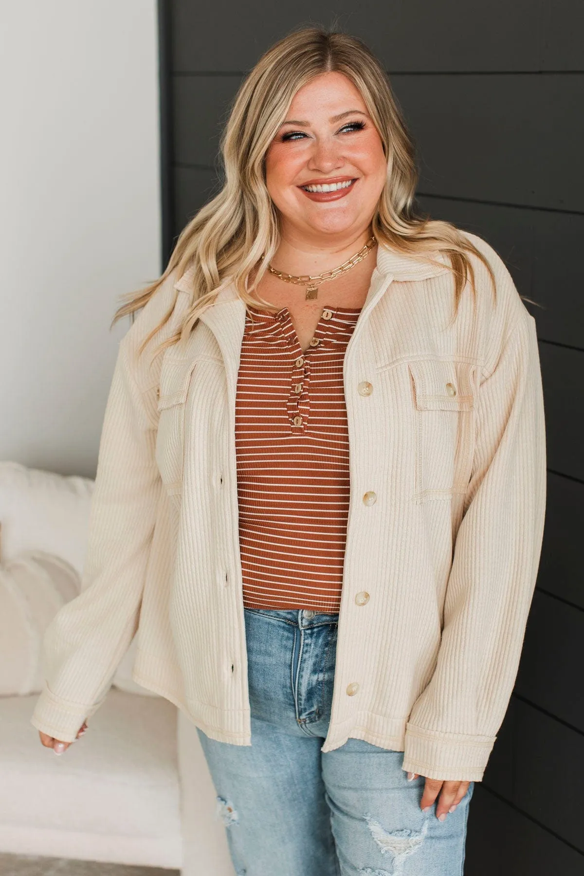 Headed To Town Ribbed Shirt Jacket- Oatmeal