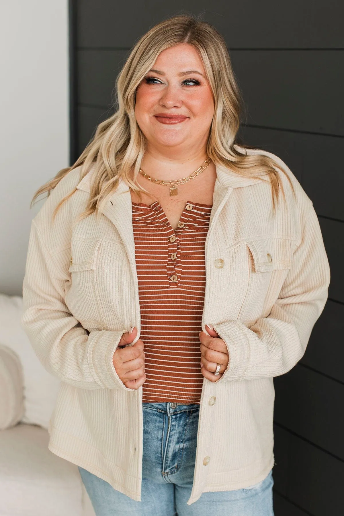 Headed To Town Ribbed Shirt Jacket- Oatmeal