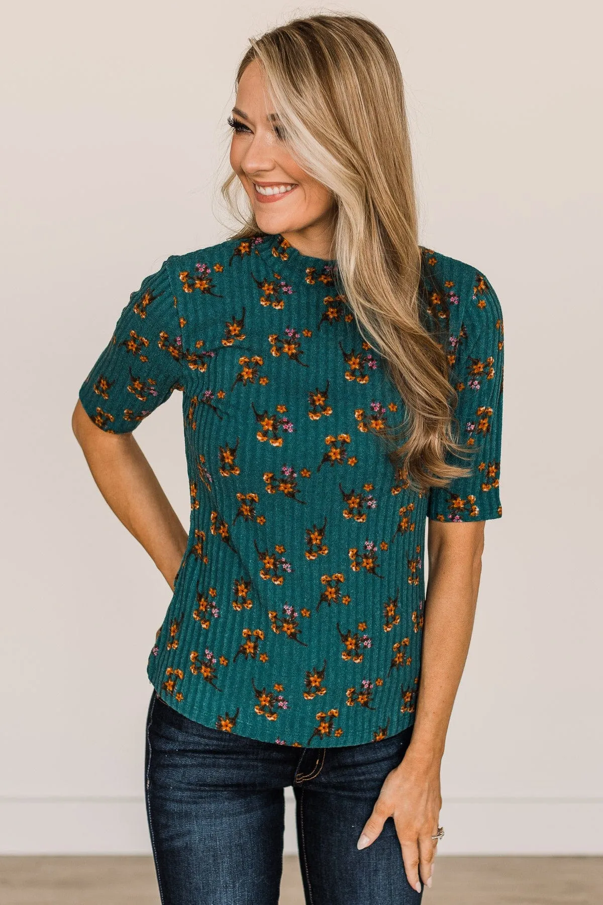 In Full Bloom Floral Knit Top- Teal