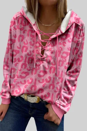 Leopard Print Grommet Lace Up Hoodie