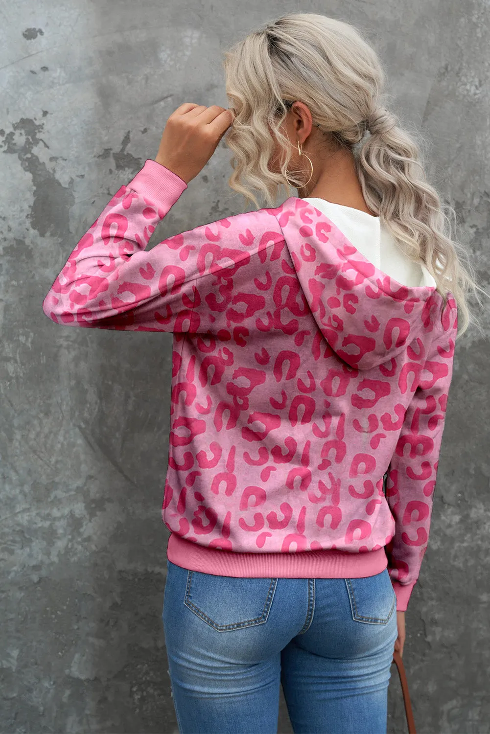 Leopard Print Grommet Lace Up Hoodie