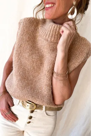 Light French Beige Ribbed High Neck Loose Sweater Vest
