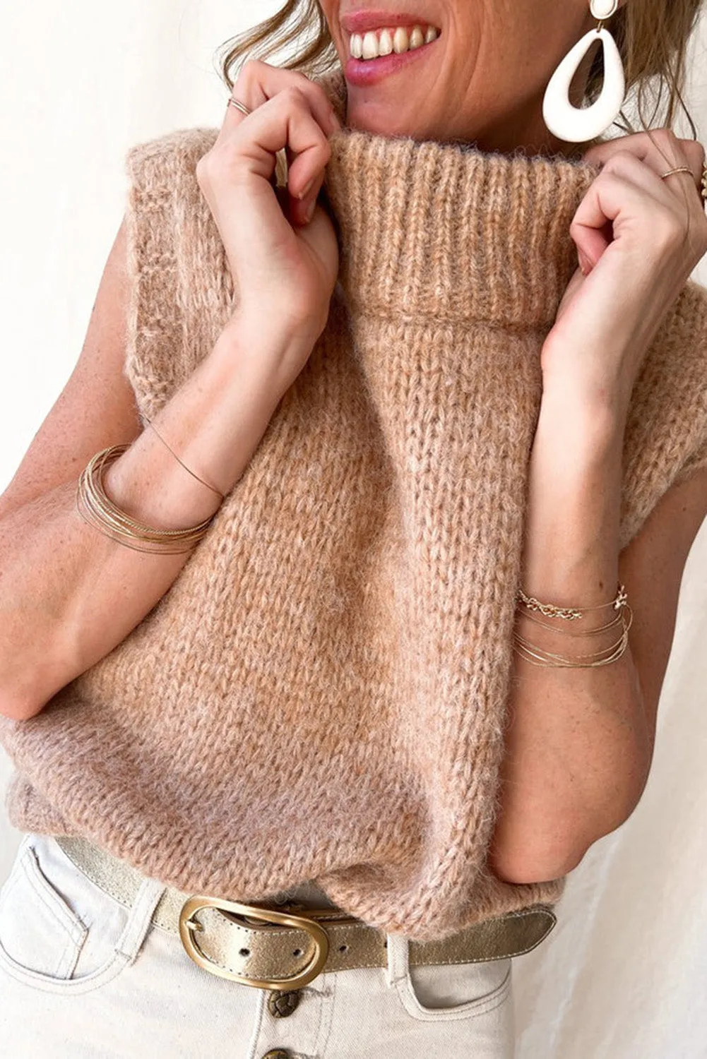 Light French Beige Ribbed High Neck Loose Sweater Vest