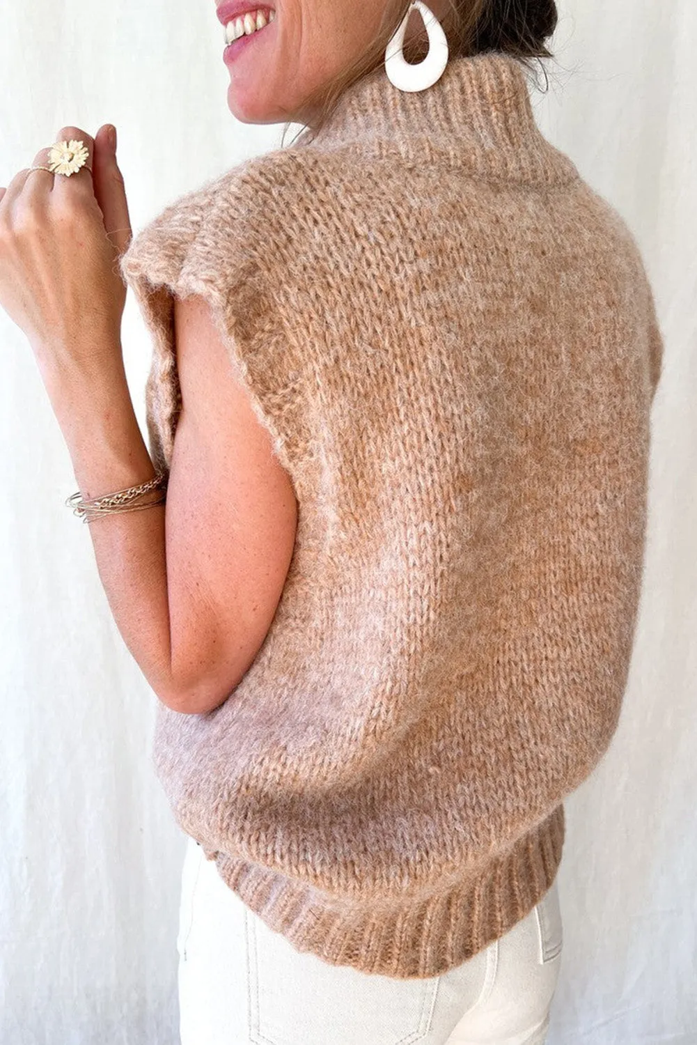 Light French Beige Ribbed High Neck Loose Sweater Vest