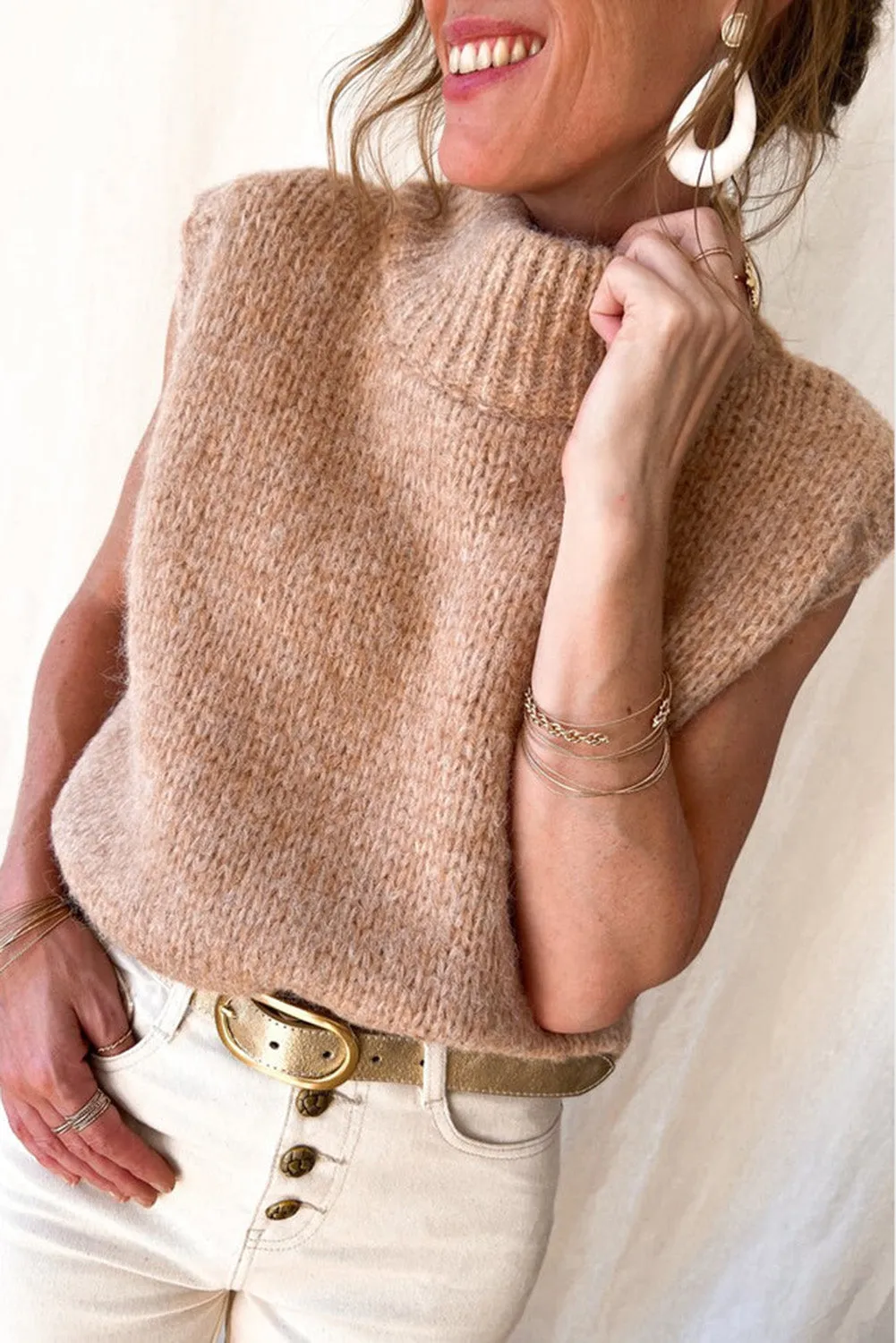 Light French Beige Ribbed High Neck Loose Sweater Vest