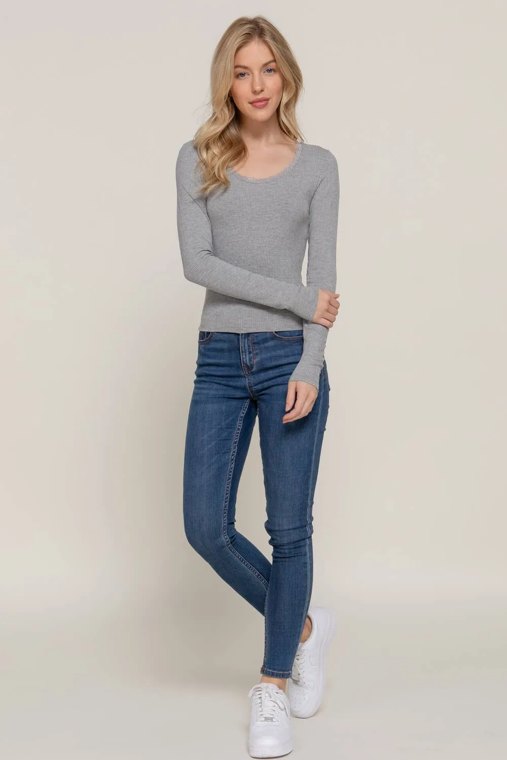 Long Sleeve Scoop Neck with Lace Trim Rib Knit Top: Heather Grey