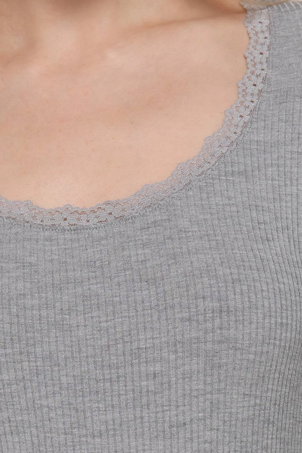 Long Sleeve Scoop Neck with Lace Trim Rib Knit Top: Heather Grey