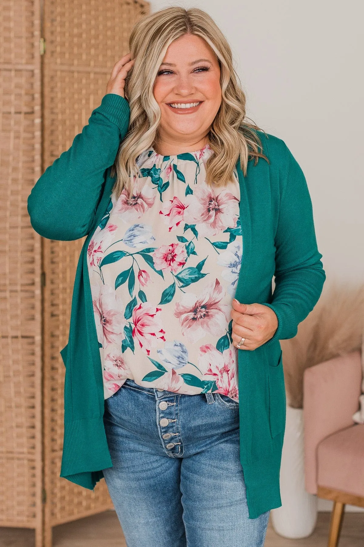 Lovely New Day Open Front Knit Cardigan- Kelly Green