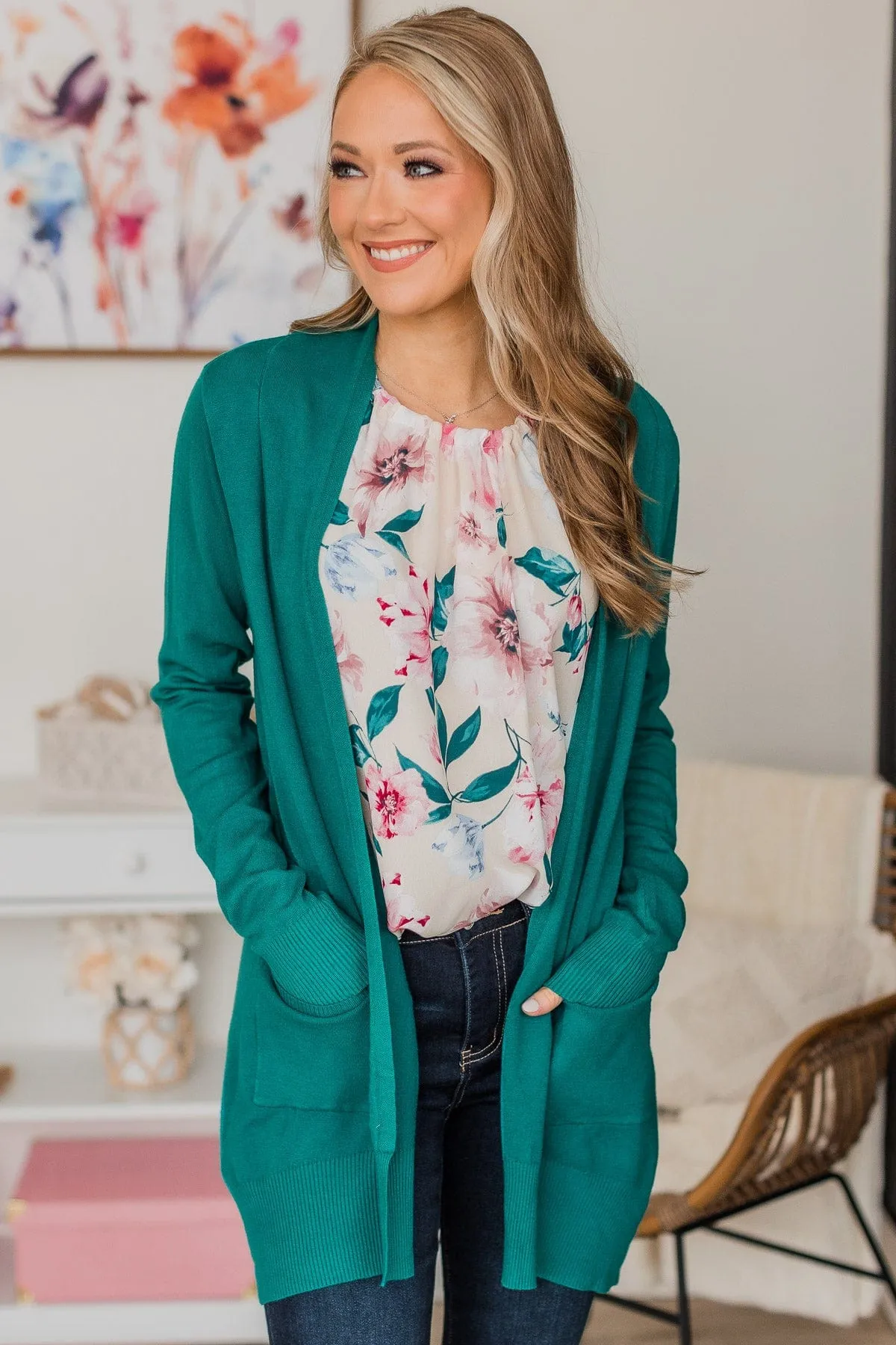 Lovely New Day Open Front Knit Cardigan- Kelly Green