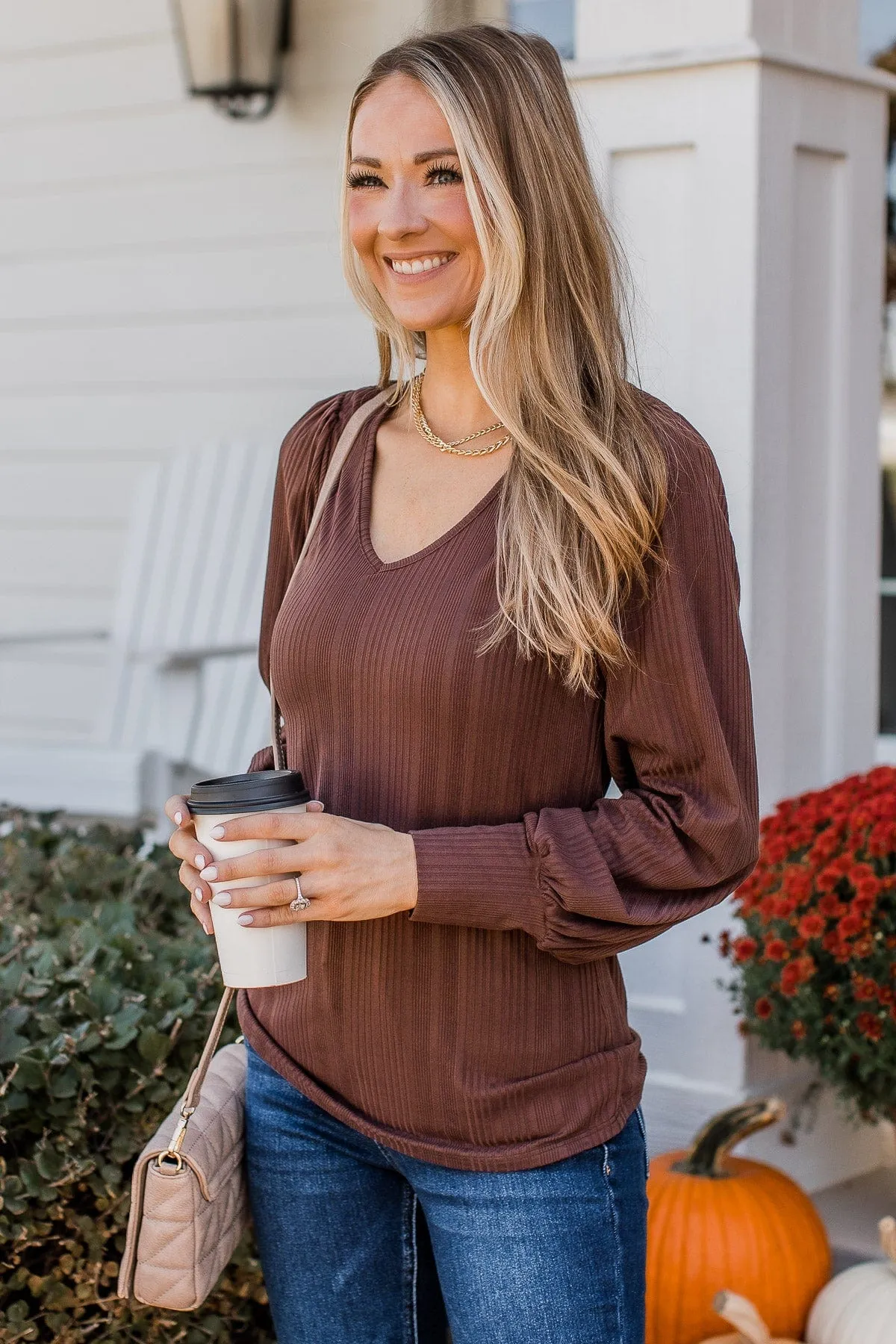 Majestic Memories Ribbed Knit Top- Chocolate