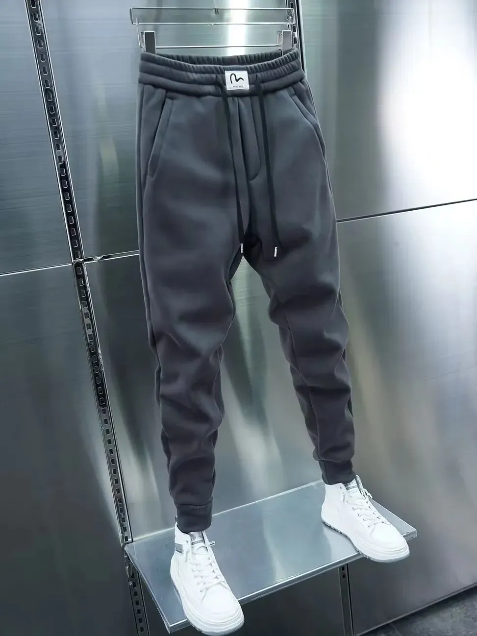 Men's Sweatpants Solid Loose Fit Mens Sweatpant Winter Warm Fleece Joggers Pants Unisex Elastic Waist Track Pants Male Trousers