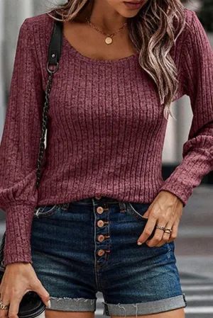 Mineral Red Ribbed Bishop Sleeve Scoop Neck Top
