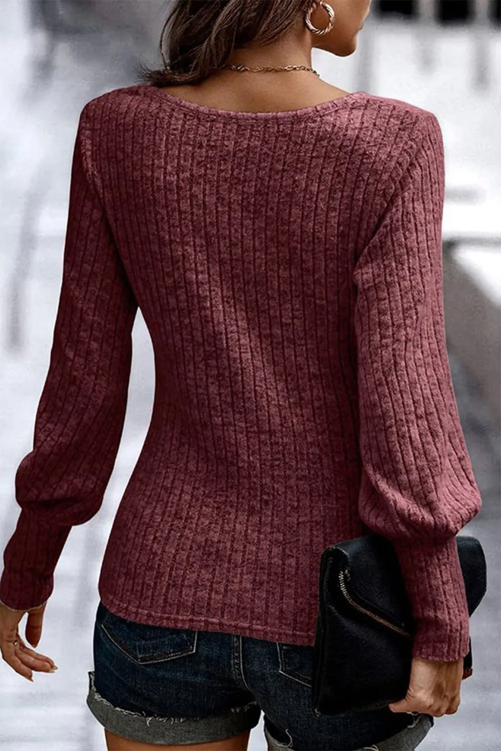 Mineral Red Ribbed Bishop Sleeve Scoop Neck Top
