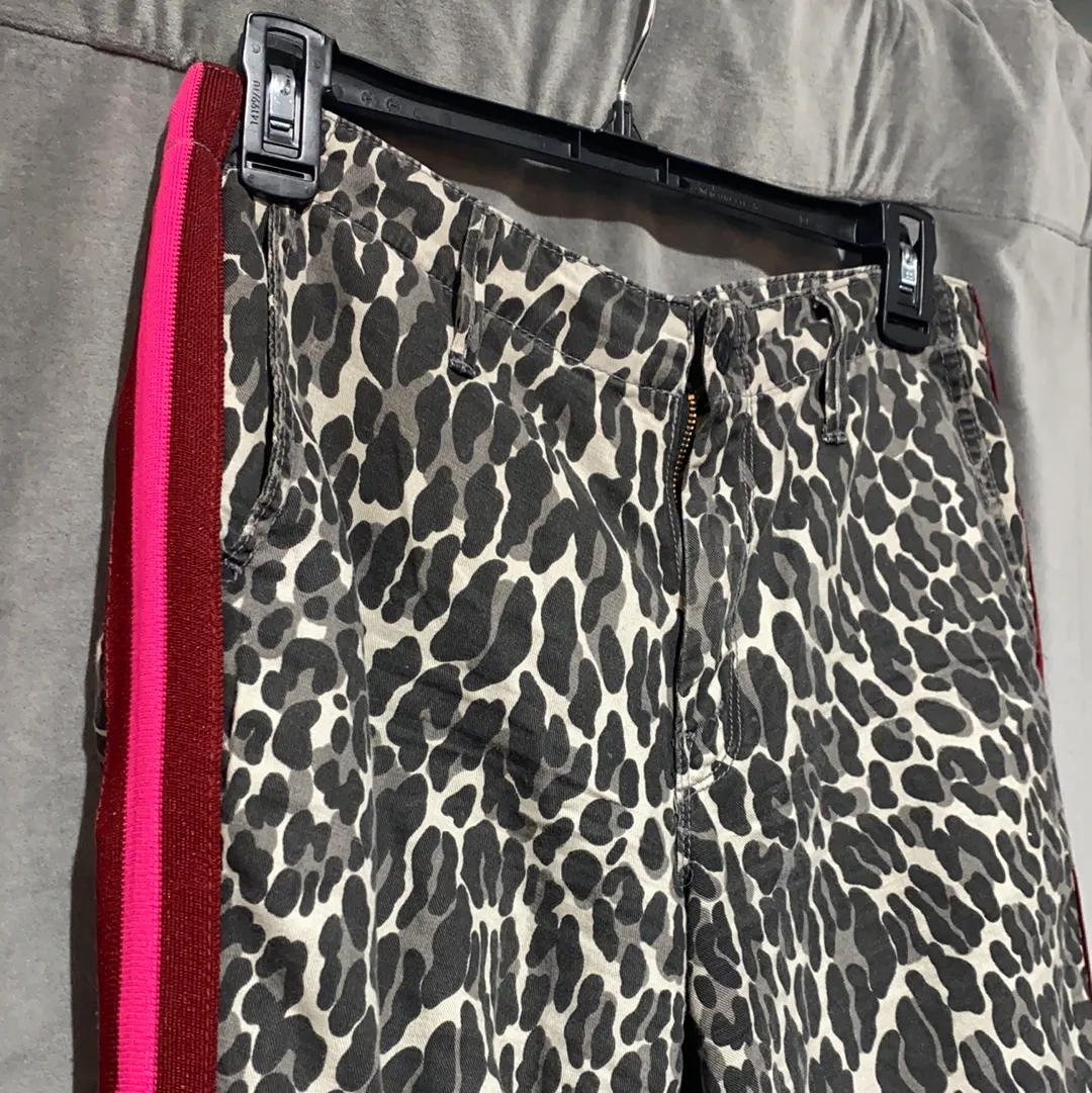 Mother Grey Leopard Print Denim Jogger with Neon Pink Stripe