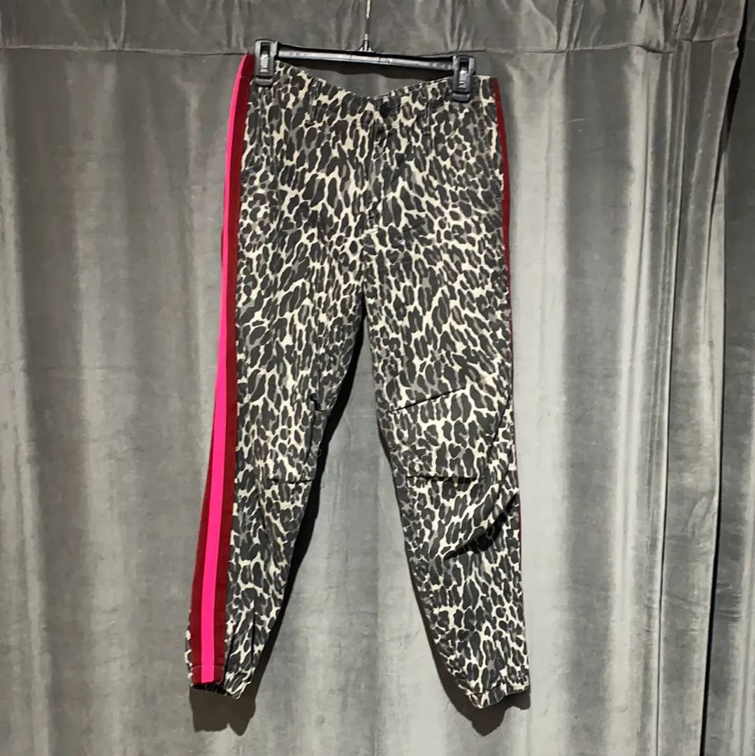 Mother Grey Leopard Print Denim Jogger with Neon Pink Stripe