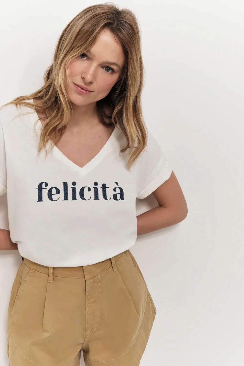 MUM - T-shirt écru coton bio message bleu pailleté