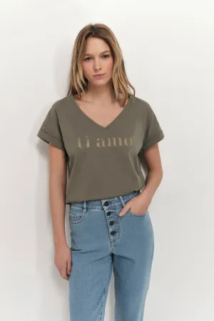 MUM - T-shirt kaki coton bio message doré pailleté