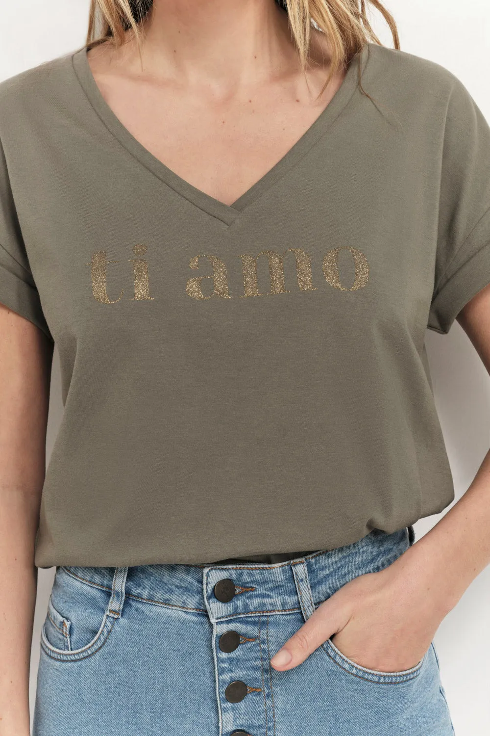 MUM - T-shirt kaki coton bio message doré pailleté