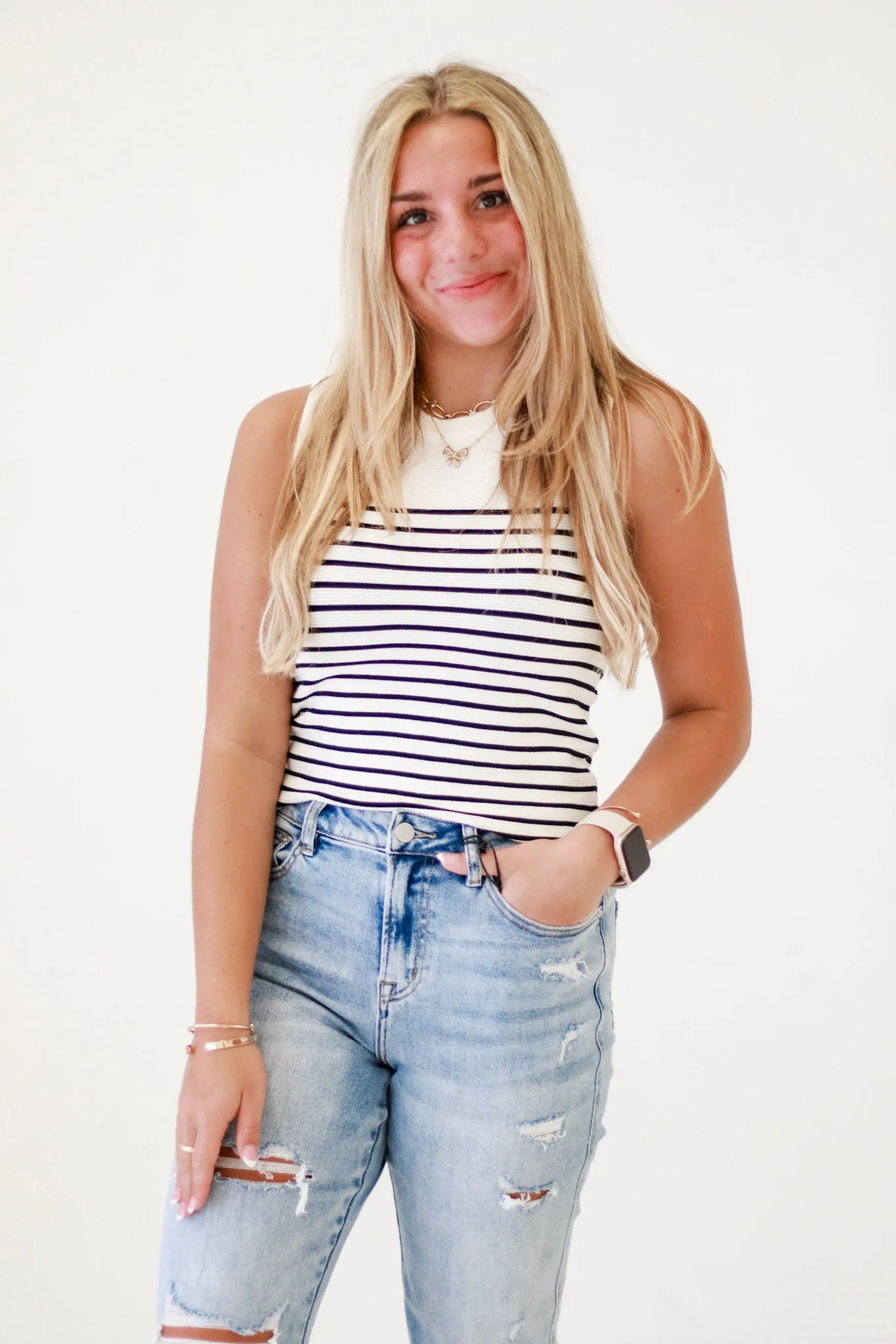 Nautical Vibes Striped Sleeveless Tank in Off White