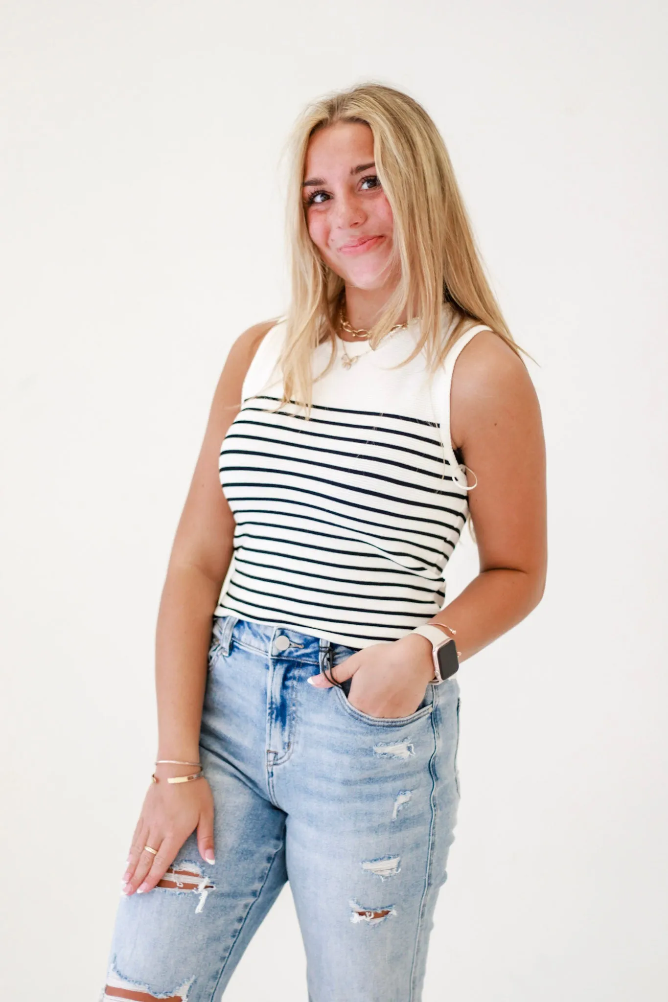 Nautical Vibes Striped Sleeveless Tank in Off White
