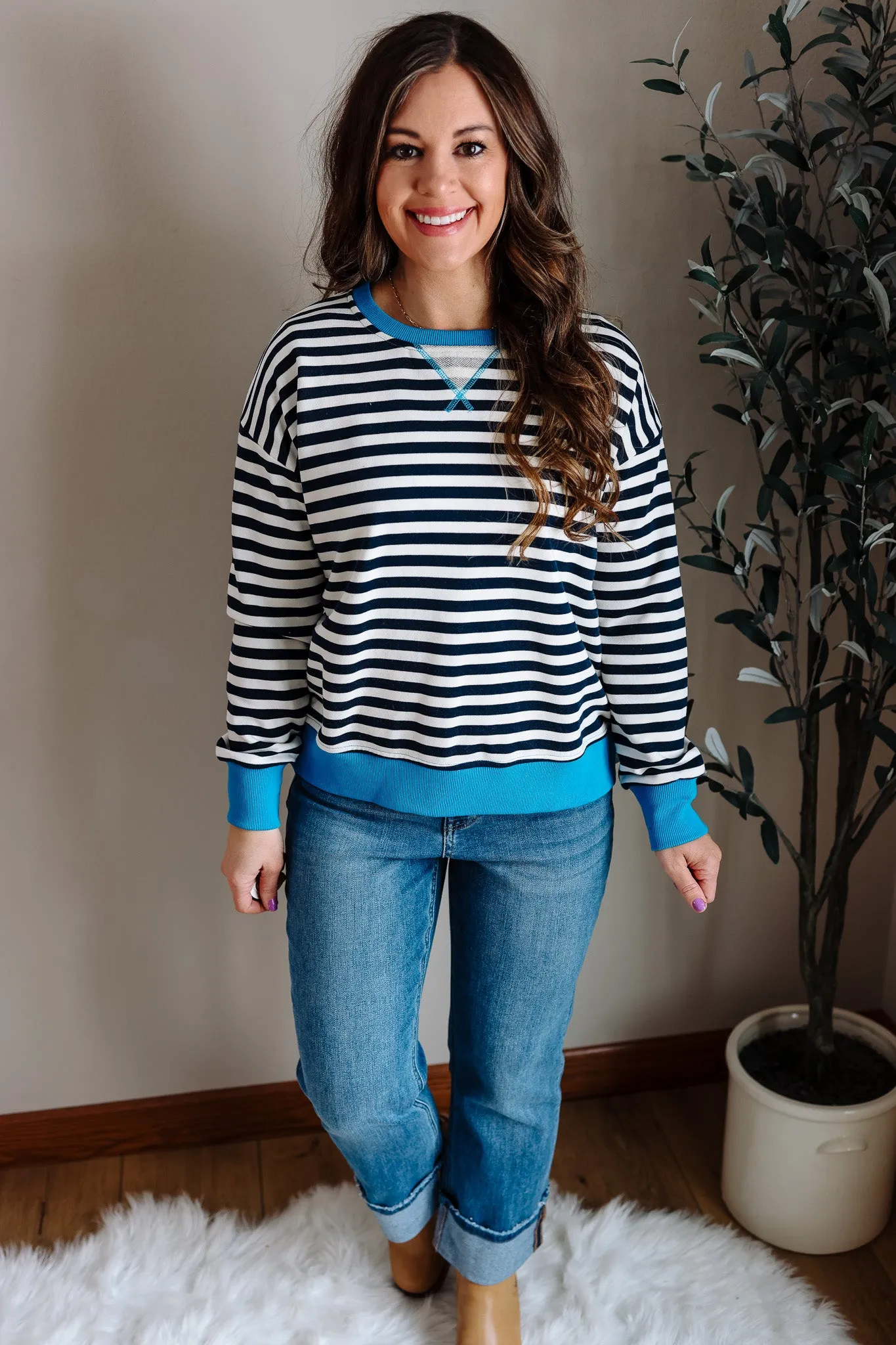 Nori Contrast Rib Stripe Sweatshirt - Navy