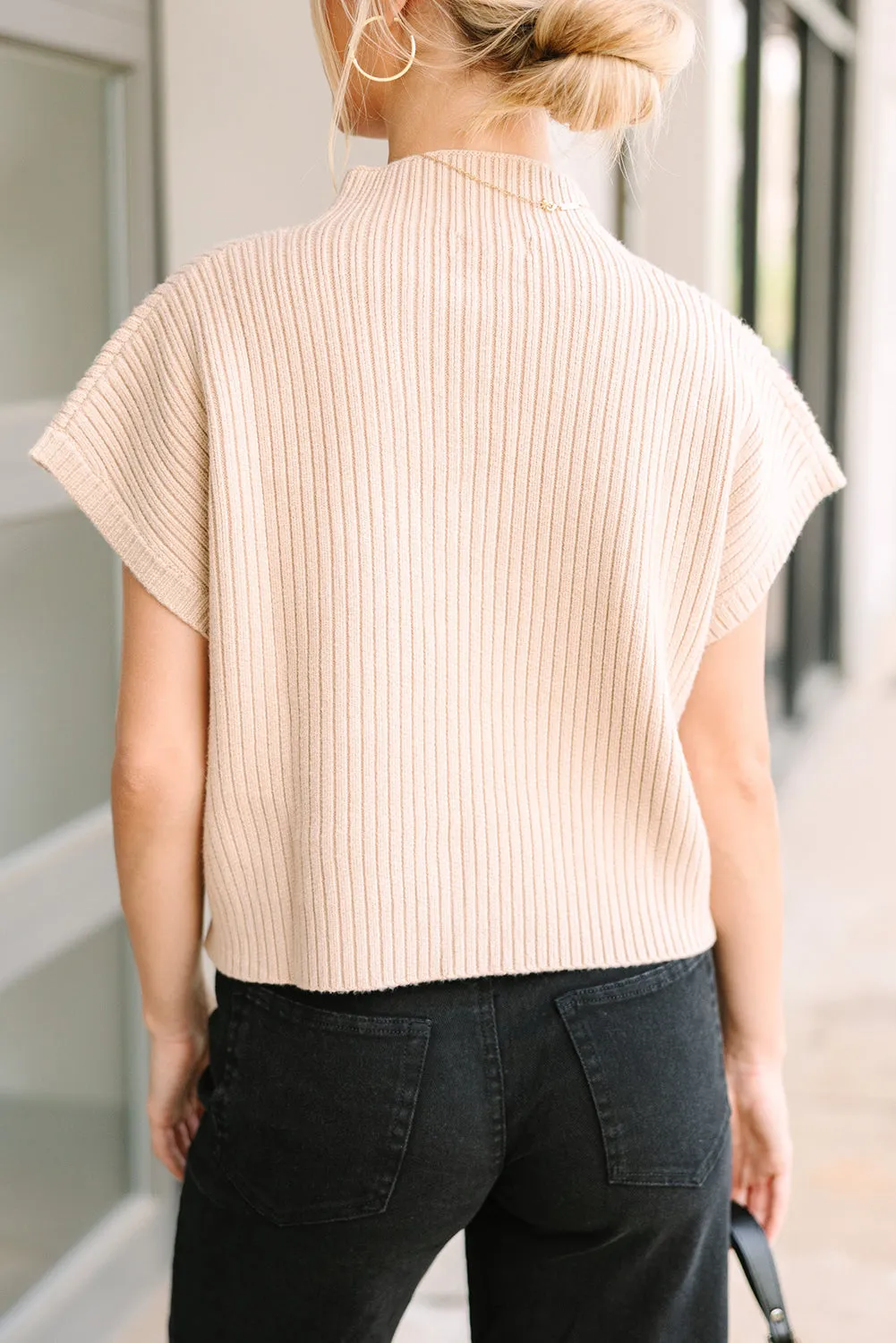 Oatmeal Patch Pocket Ribbed Knit Short Sleeve Sweater