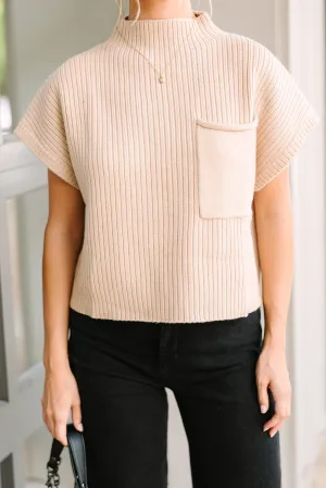 Oatmeal Patch Pocket Ribbed Knit Short Sleeve Sweater