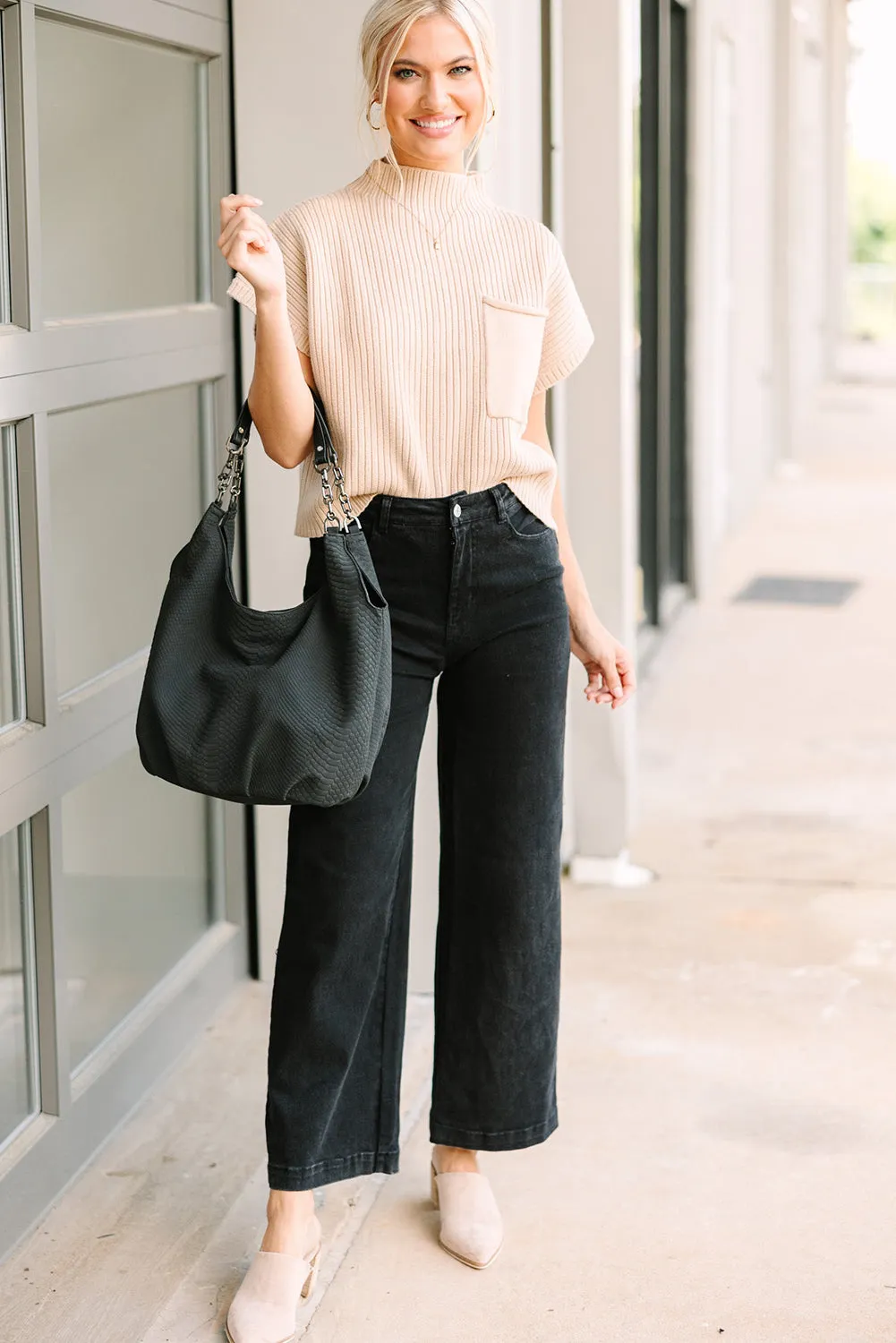 Oatmeal Patch Pocket Ribbed Knit Short Sleeve Sweater