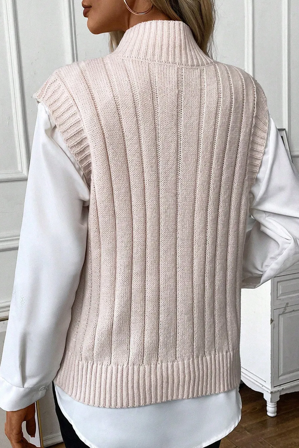 Oatmeal Ribbed Trim High Neck Cable Knit Sweater Vest