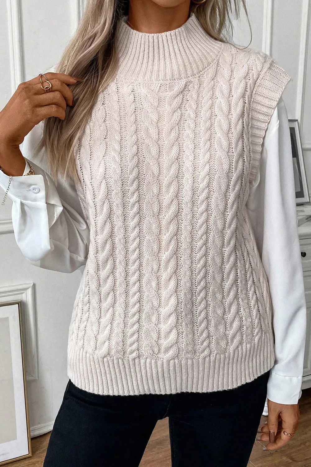 Oatmeal Ribbed Trim High Neck Cable Knit Sweater Vest