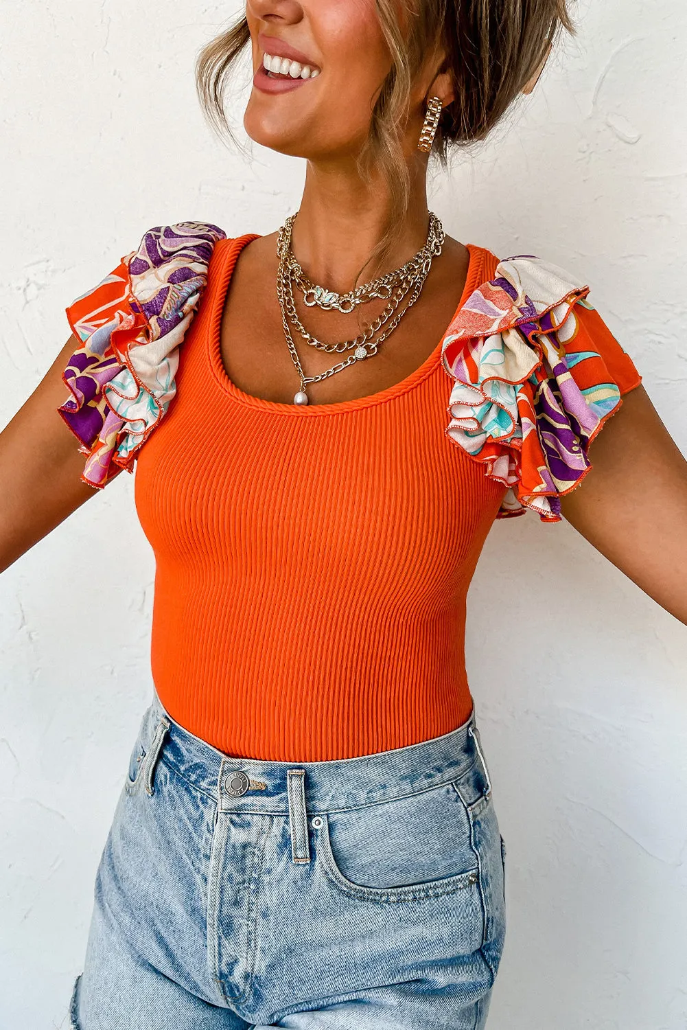Orange Ribbed Knit Tiered Ruffled Sleeve Bodysuit