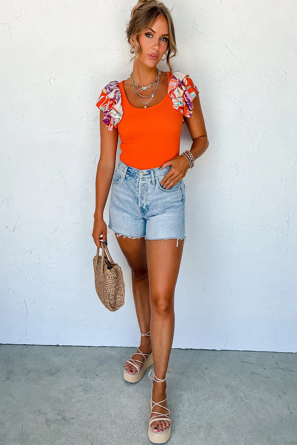 Orange Ribbed Knit Tiered Ruffled Sleeve Bodysuit