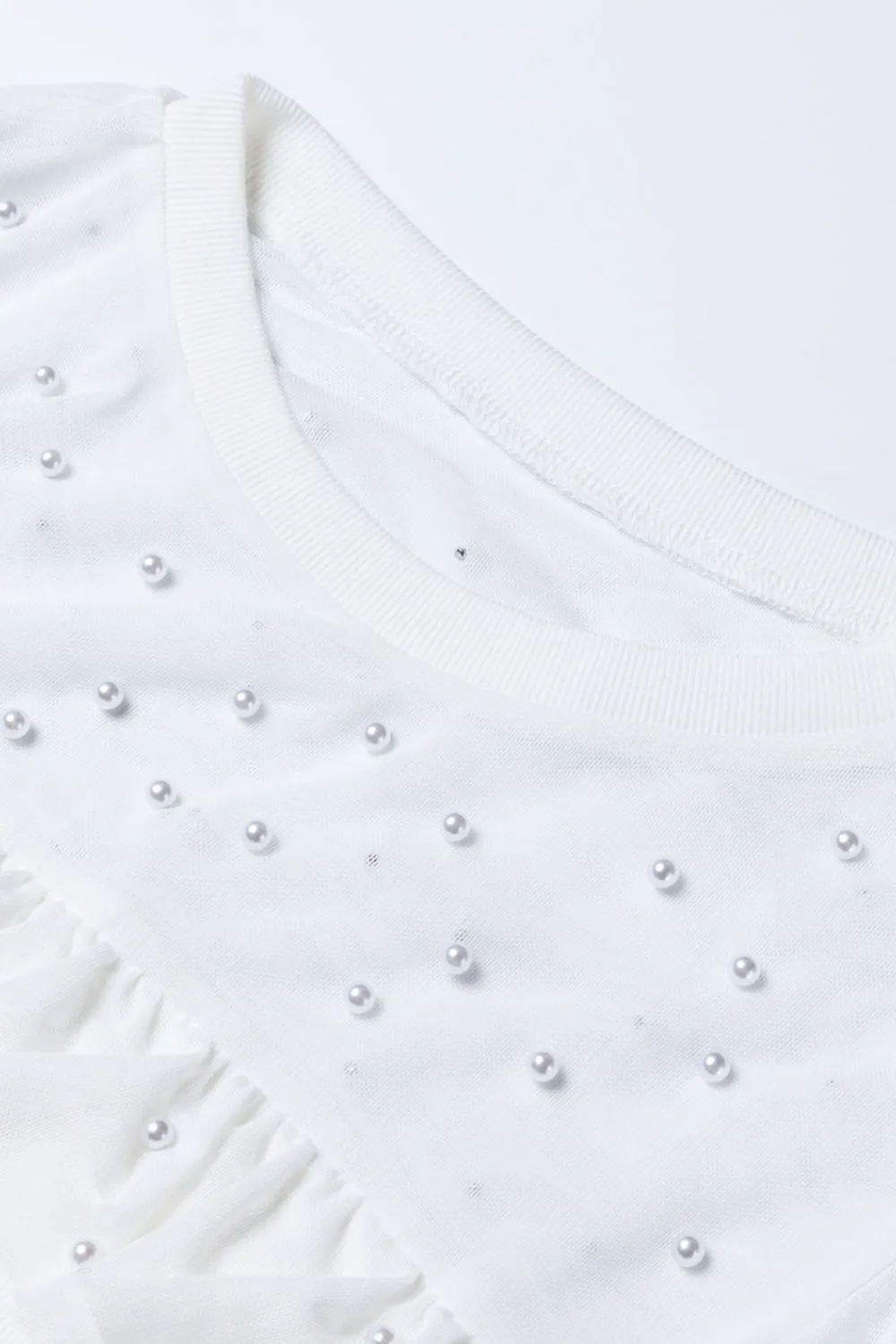 Pearl Decor Mesh Patchwork Ribbed Long Sleeve Top