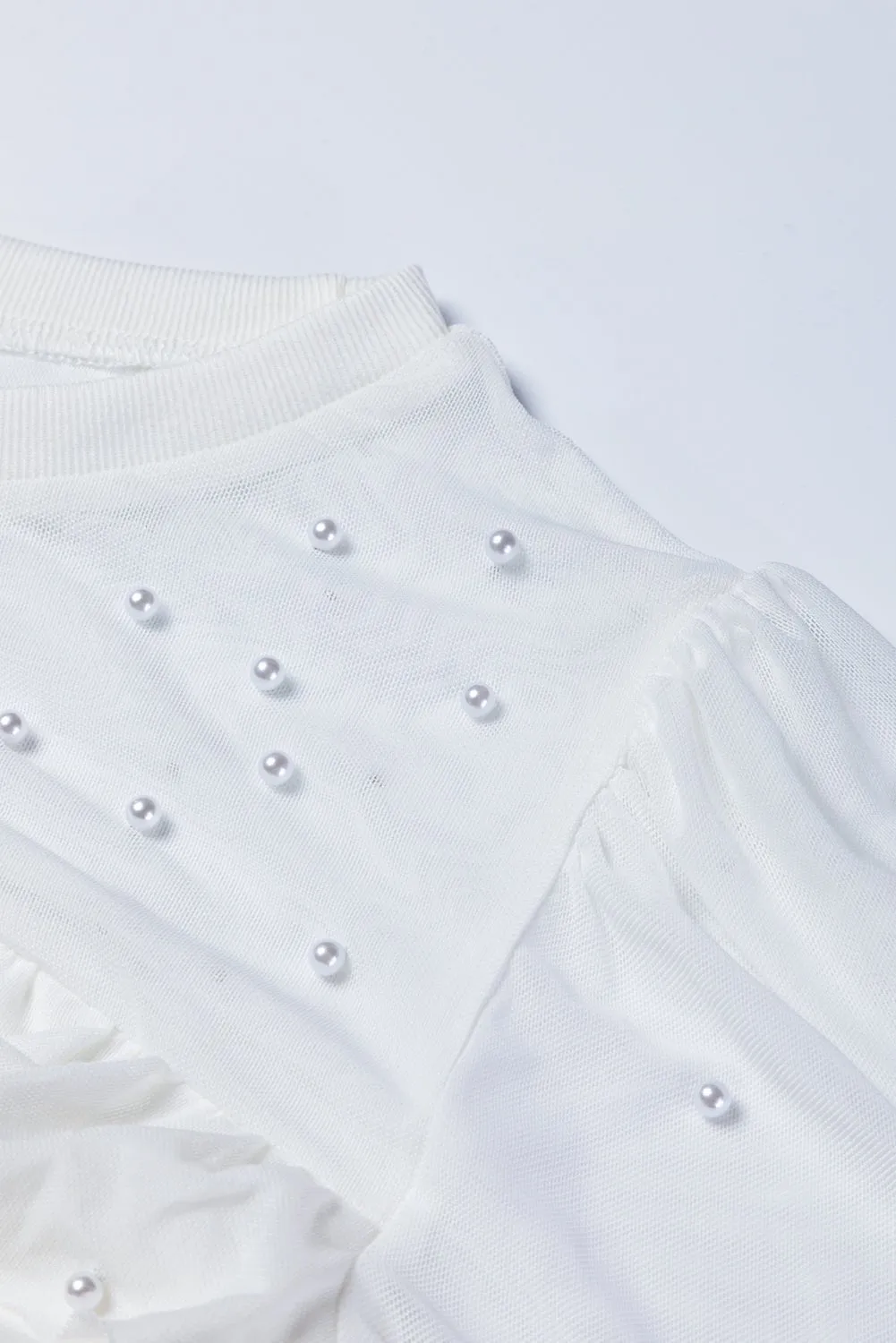 Pearl Decor Mesh Patchwork Ribbed Long Sleeve Top