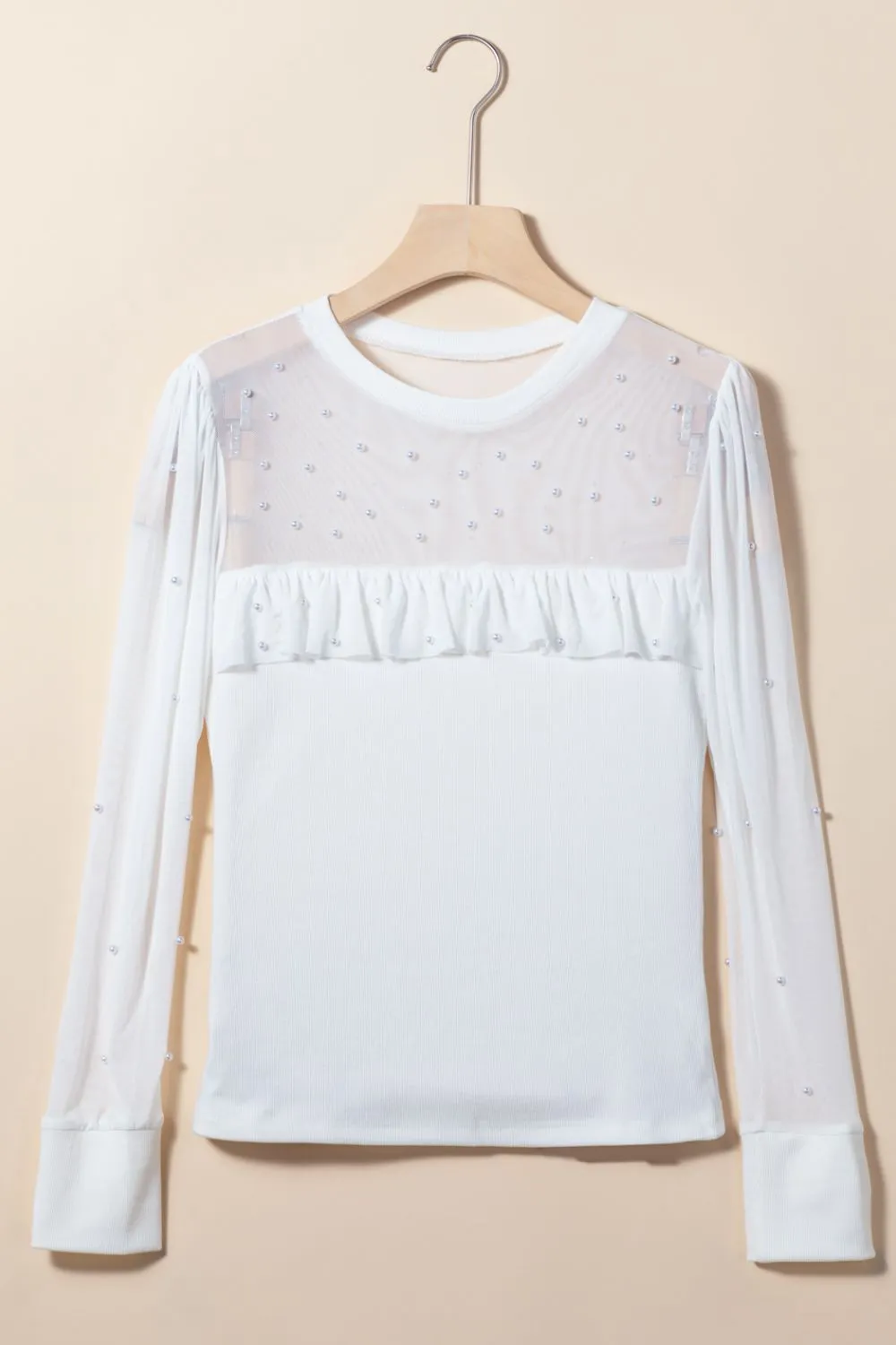 Pearl Decor Mesh Patchwork Ribbed Long Sleeve Top