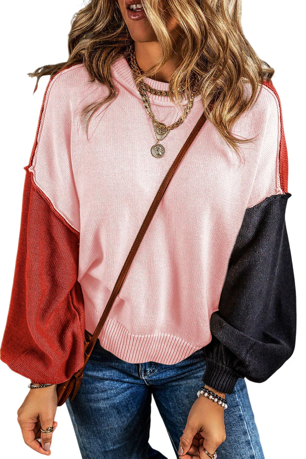 Pink Colorblock Bishop Sleeve Ribbed Trim Sweater