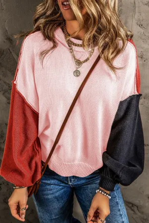 Pink Colorblock Bishop Sleeve Ribbed Trim Sweater