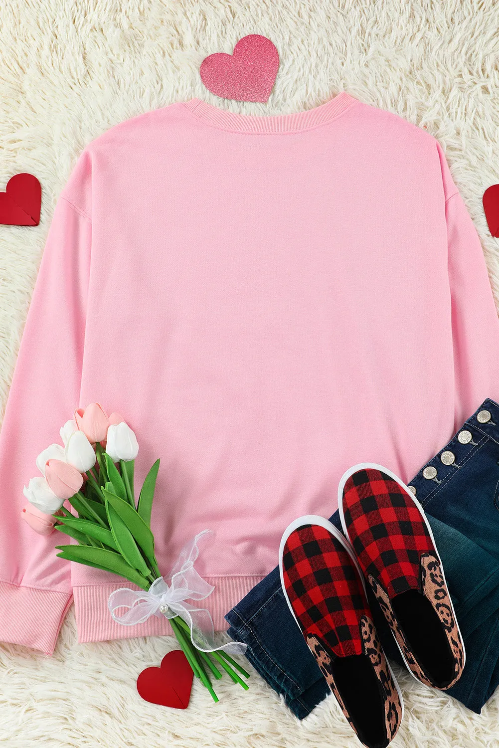 Pink Letters Print Ribbed Knit Trim Sweatshirt