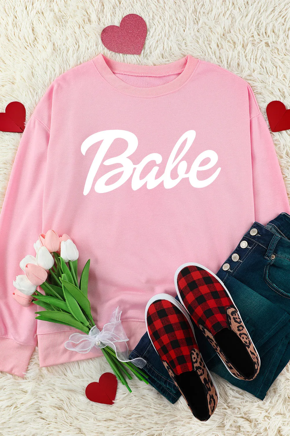 Pink Letters Print Ribbed Knit Trim Sweatshirt