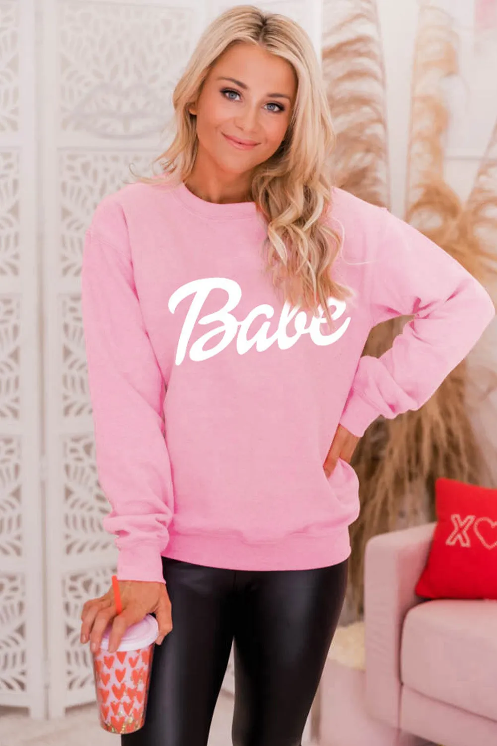Pink Letters Print Ribbed Knit Trim Sweatshirt