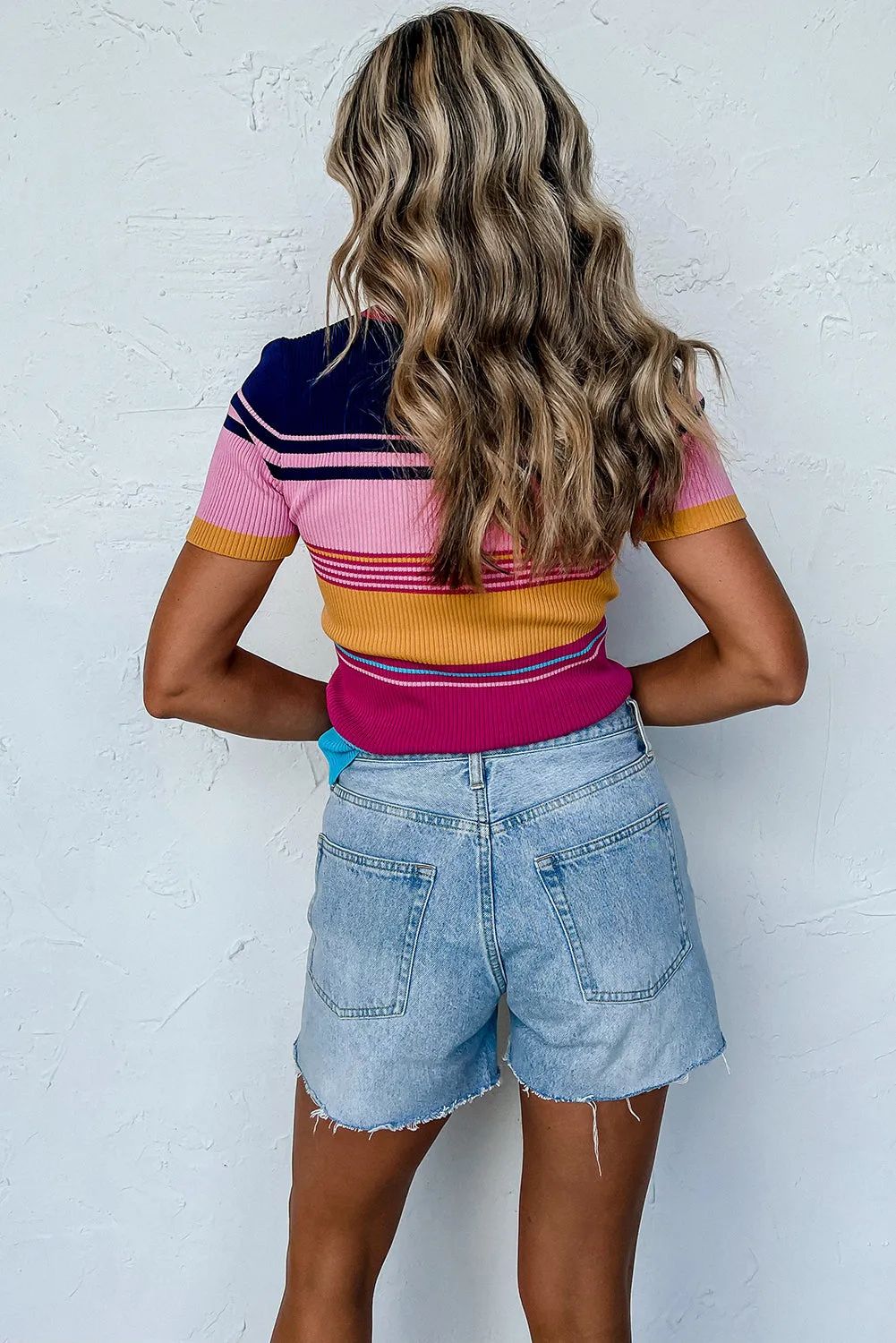 Pink Mixed Stripes Ribbed Knit Top