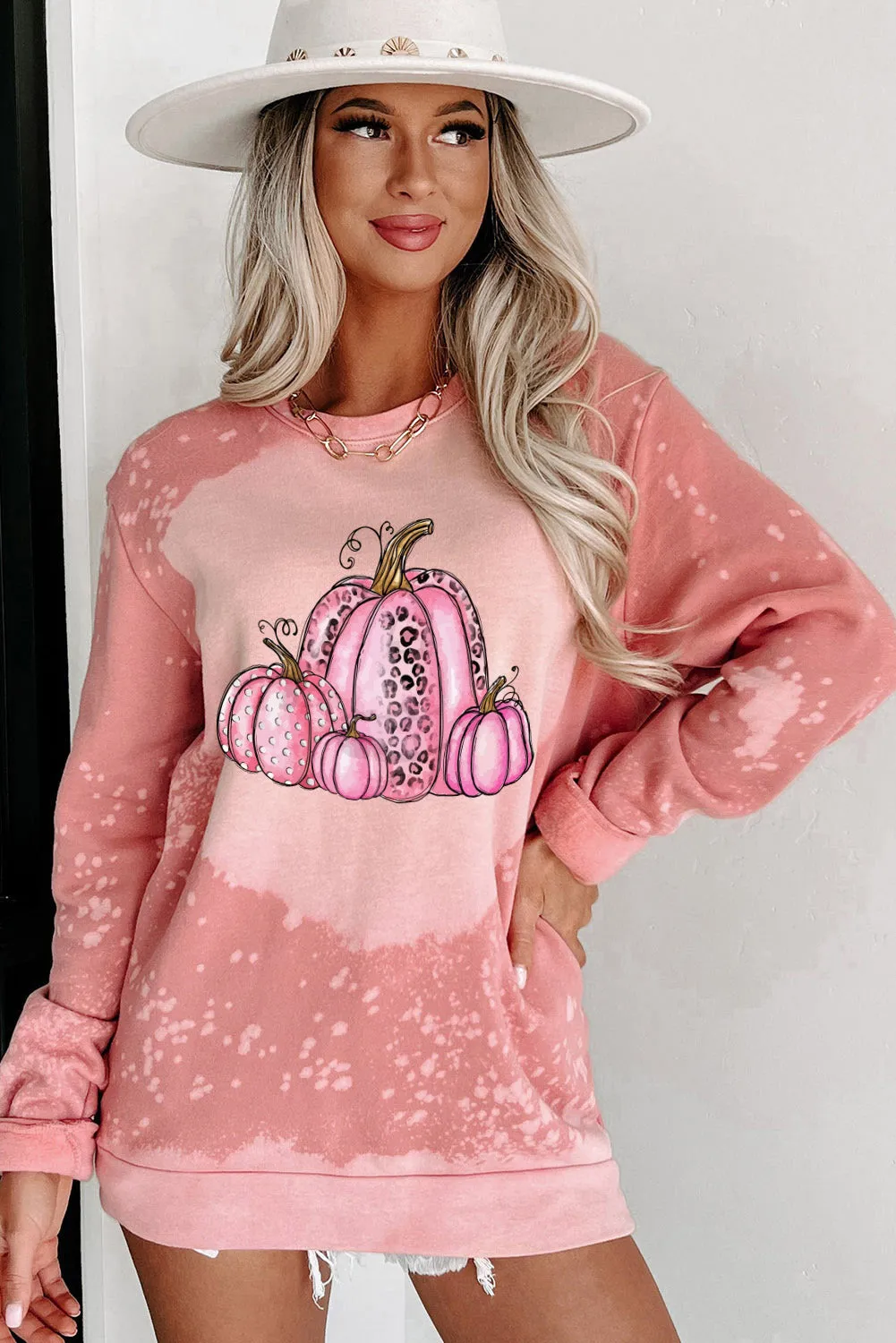 Pink Pumpkin Graphic Bleached Tie Dye Sweatshirt