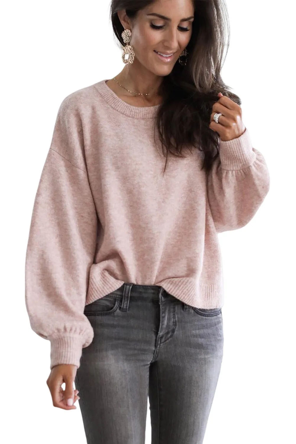 Pink Ribbed Trim Balloon Sleeve Sweater