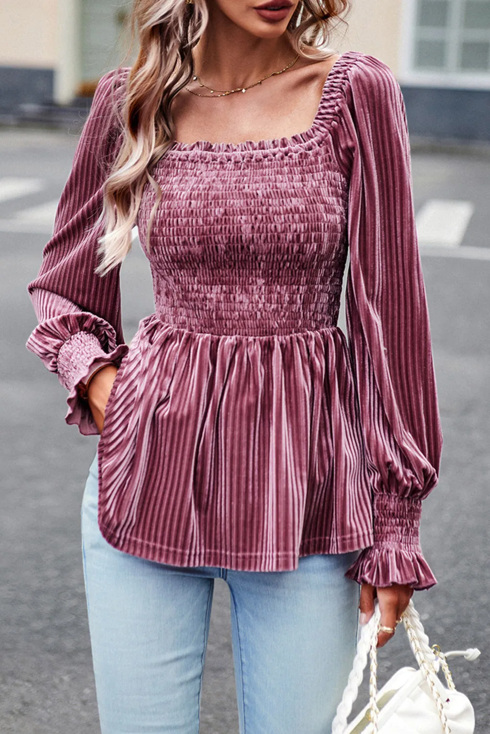 Pink Smocked and Ribbed Velvet Babydoll Top