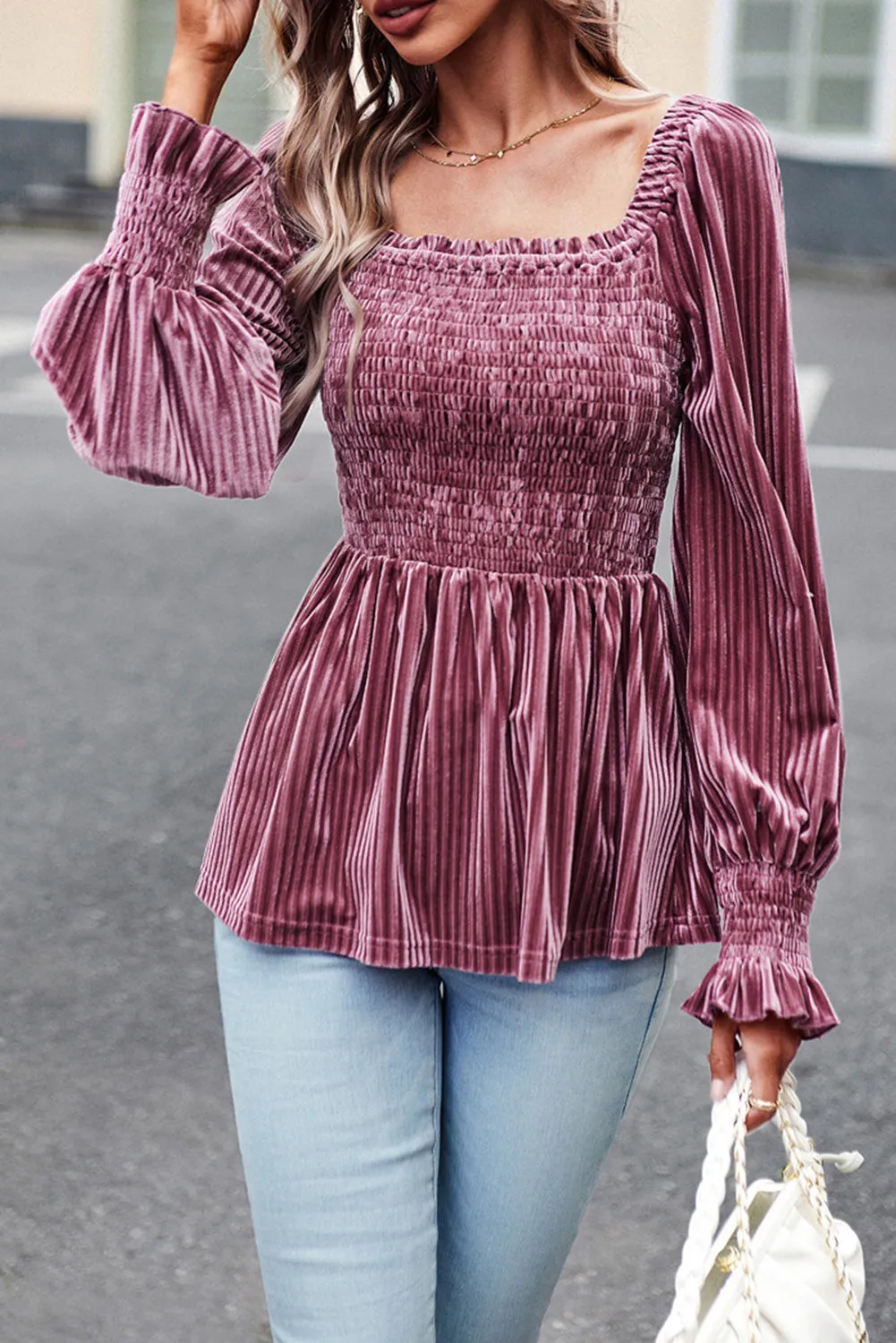 Pink Smocked and Ribbed Velvet Babydoll Top