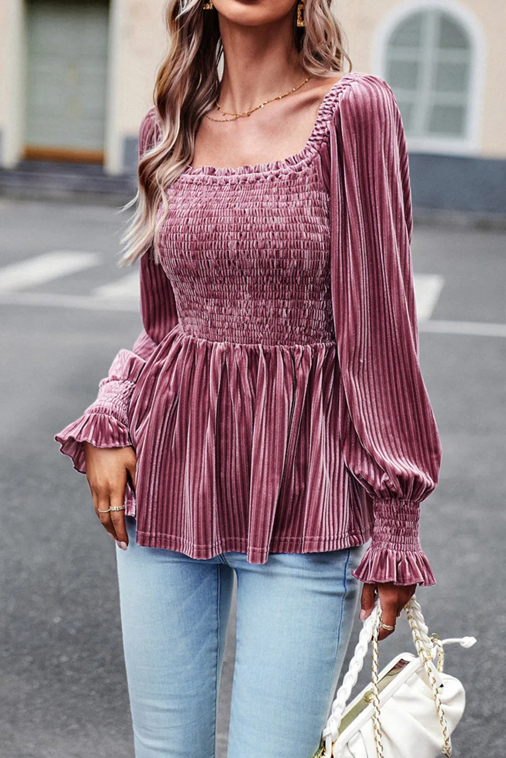 Pink Smocked and Ribbed Velvet Babydoll Top