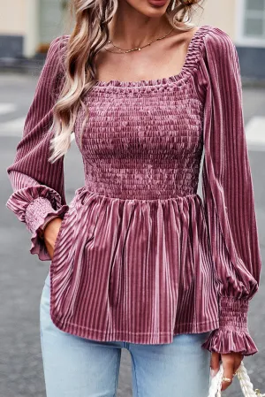 Pink Smocked and Ribbed Velvet Babydoll Top