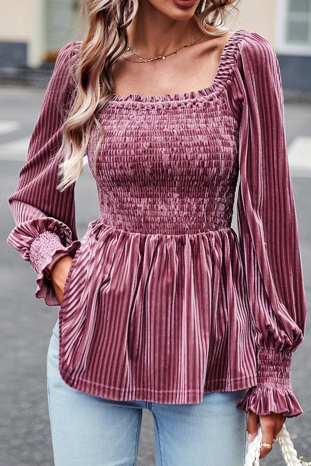 Pink Smocked and Ribbed Velvet Babydoll Top